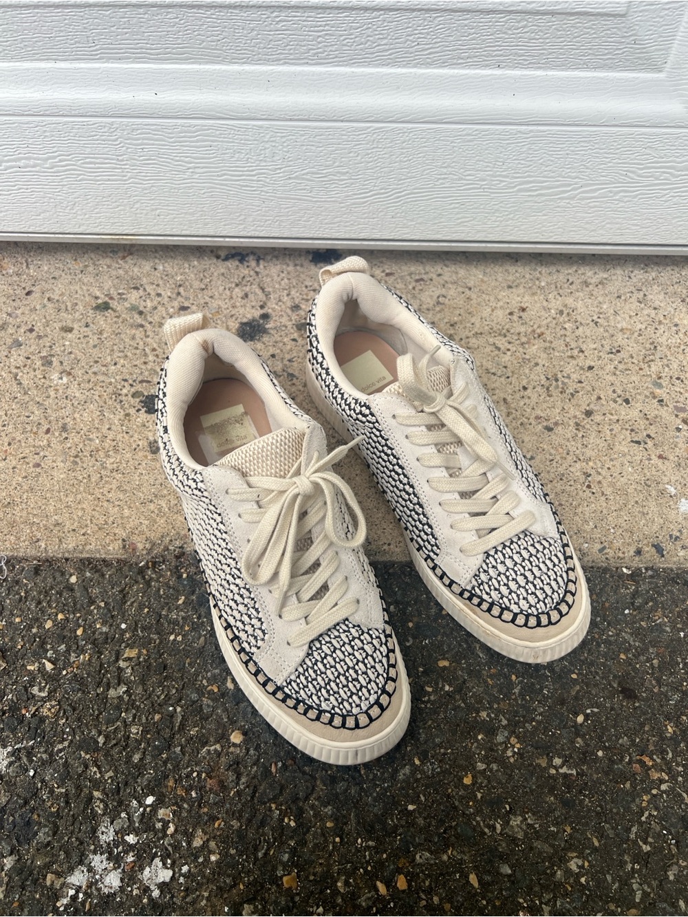 Dolce Vita Nicona COMFY Cream and Black Woven Lace-Up Sneakers